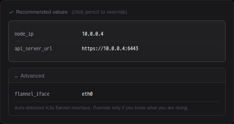 Provisioning form with Advanced section expanded showing the flannel_iface field set to eth0