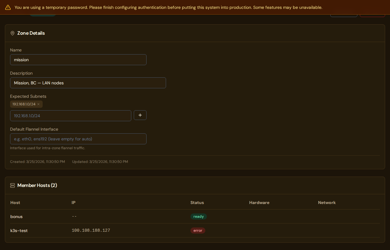 Zone detail page showing the zone configuration form and the list of member hosts with their IP, status, hardware, and network details