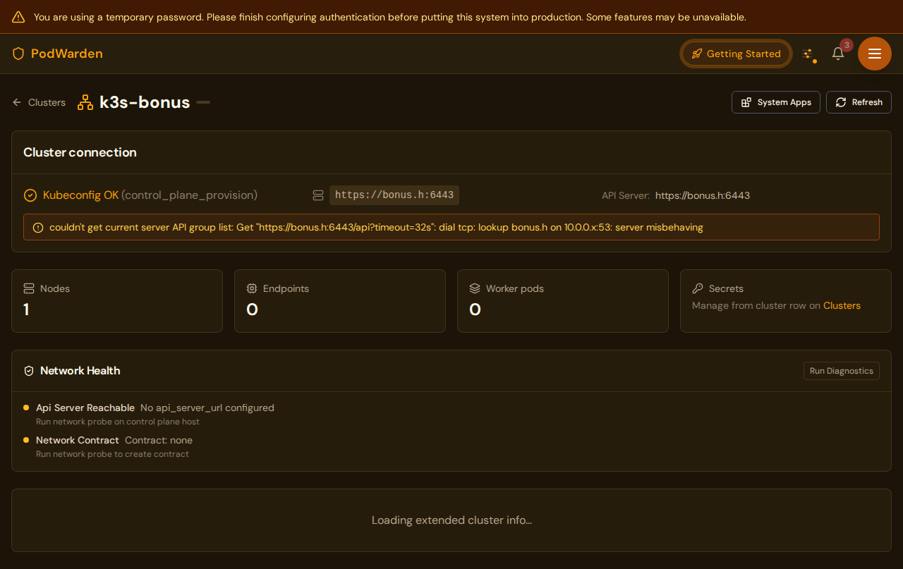 PodWarden cluster detail page