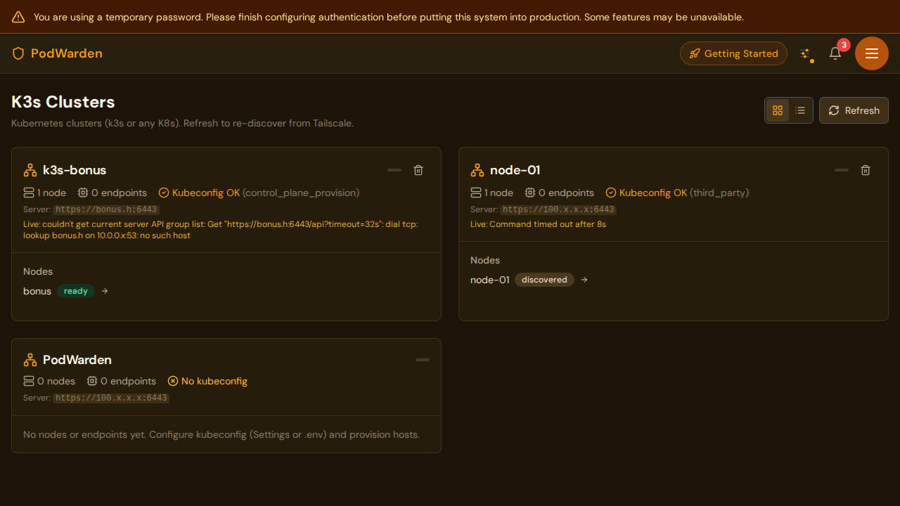 PodWarden clusters page