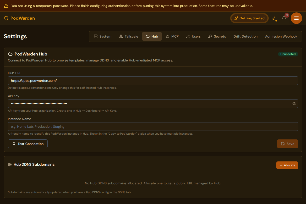 PodWarden Hub settings page with Hub URL and API key fields