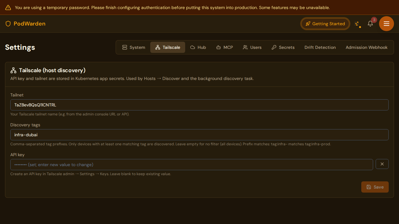 PodWarden Tailscale settings page with API key and tailnet configuration