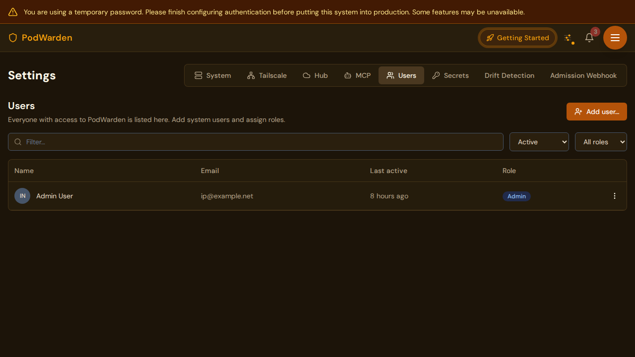 PodWarden users settings page showing the user list with email, name, role, and last login columns
