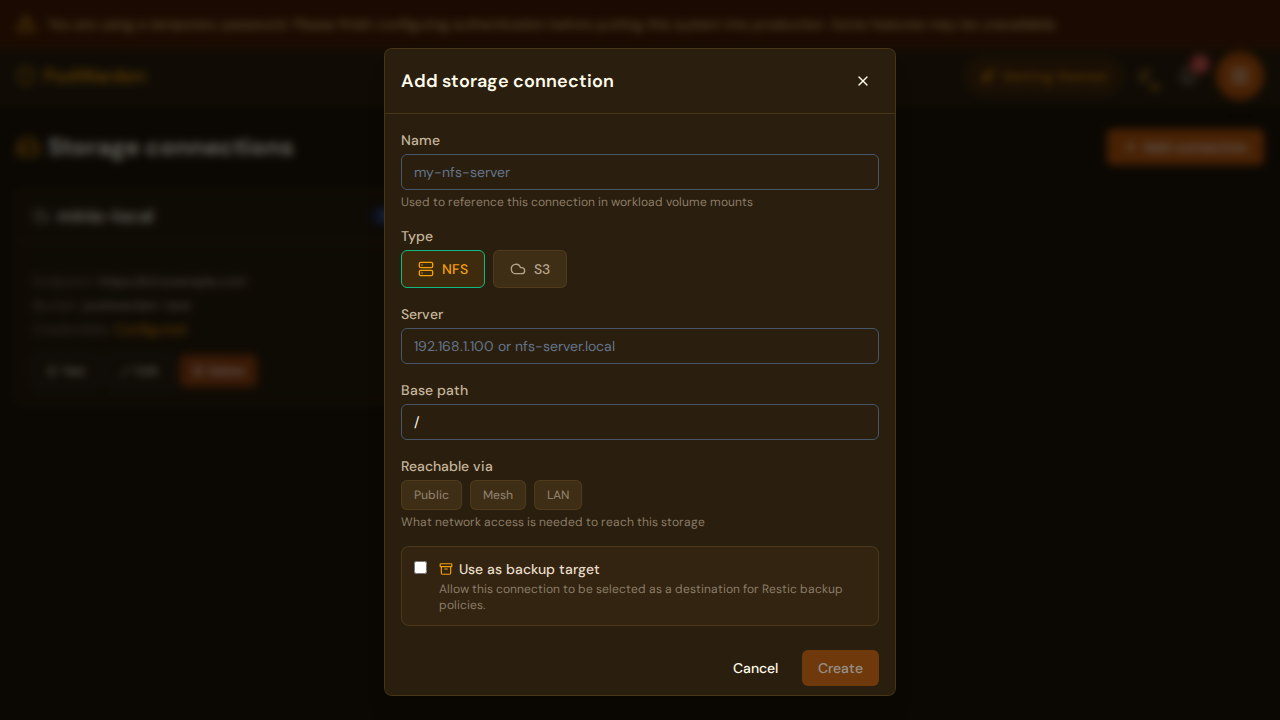 PodWarden create storage connection modal