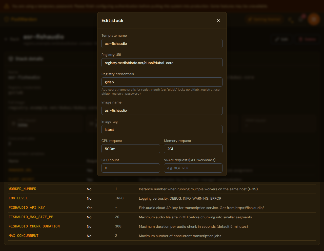 PodWarden edit stack modal